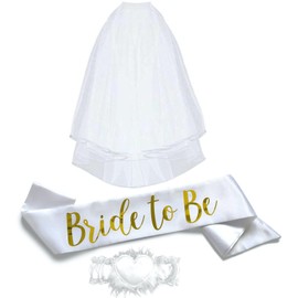 Bride to Be 3pc Sash Set - Sophisticated & Fun Party Favor for Bachelorette Party, Bridal Shower & Wedding Party (3pc Set, White & Gold (Font #2))