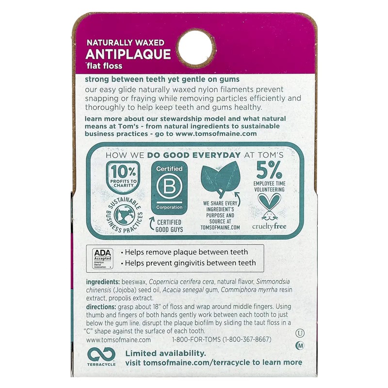 Tom's of Maine Natural Waxed Antiplaque Flat Floss, Spearmint, 32-Yards,