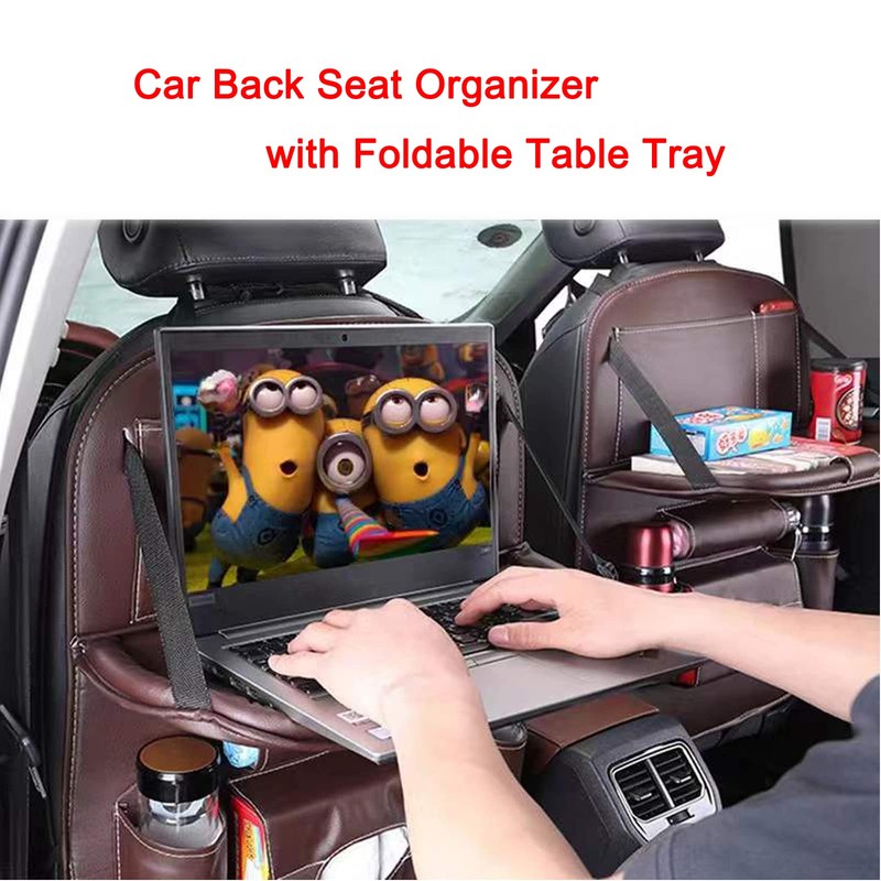 ASENDIWAY Premium PU Leather Backseat Seat Organizer with Foldable Table,