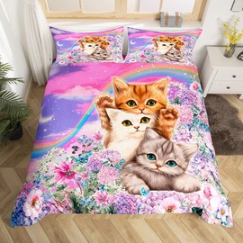 Manfei Kawaii Cats Duvet Cover Set Twin Size, Watercolor Flower Floral Bedding Set 2pcs for Kids Boys Girls, Rainbow Clouds Comforter Cover Cute Animal Quilt Cover with 1 Pillowcase,No Comforter