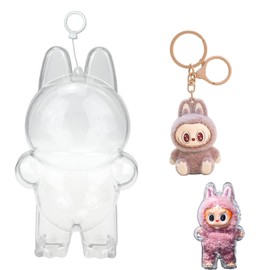 1 Pcs Protective Case for Plush Figure Doll, and 1 Pcs Key Chain, Transparent Figure Display Case,for Protective Blind Box Figures, Transparent PVC Case, Easy Installation