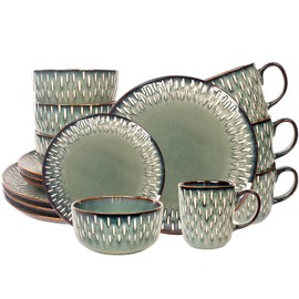 jinsongdafa Dinnerware Sets 16 Pieces - Round Reactive Glaze Tableware - Kitchen Dinnerware Porcelain Crockery with Dinner Plate, Bowl and Soup Plate Service for 4, Microwave Dishwasher Safe, Set No.3