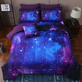 JQinHome Full Galaxy Purple Comforter Sets Blanket,6 Piece Bed in A Bag 3D Outer Space Themed Bedding, All-Season Reversible Quilted Duvet, for Children Boy Girl Teen Kids(Blue Purple)