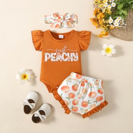 Youweixiong Newborn Infant Baby Girl Summer Clothes Ruffle Short Sleeve Just Peachy Romper+Peach Bloomer Shorts+Headband Cute Outfit 3Pcs (Orange, 6-9 Months)