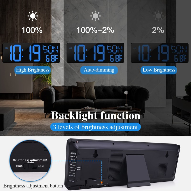 Large Digital Wall Clock with Remote Control 17.2" LED Large