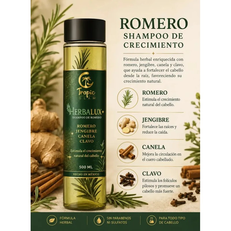 2 Shampoo Natural Romero Acelera Crecimiento Cabello Brillo