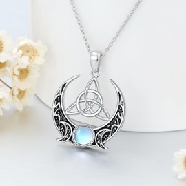 YAFEINI Triple Moon Necklace for Women Sterling Silver Moonstone Celtic Knot Pendent Necklace Vintage Wiccan Pagan Amulet Viking Jewellery Gifts for Men Girls (Moonstone Necklaces)
