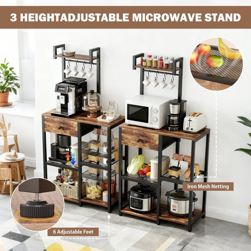 Bakers Rack with Storage,Microwave Stand with Drawer,6 Tier Coffee Bar