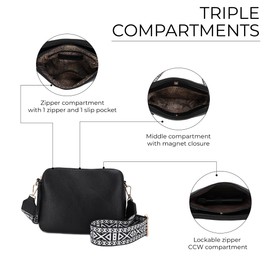 JESSIE & JAMES Rebecca Triple Compartment Lock and Key Lightweight Medium Crossbody Purse with Guitar Strap - Black