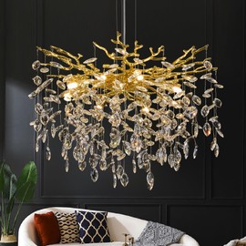 Benkut Modern Tree Branch Chandelier Luxury Gold Crystal Pendant Lighting 23.6" Contemporary 8-Light Chandeliers for Dining Room Kitchen Bedroom Living Room