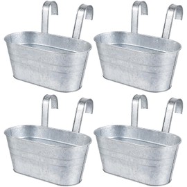 OBTANIM 4 Pack Metal Hanging Flower Pots Iron Railing Planter Outdoor Fence Hanging Pots Bucket Plant Holder with Detachable Hooks Drain Holes for Home Garden Yard Decor (Silvery)