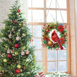 GHHKUD Cardinals Diamond Painting Window Pictures Double-Sided Christmas Diamond Painting Pendant with Chain, Diamond Painting Pictures Crystal Window Pictures, Wall Hanging Kits for Window Wall Decor