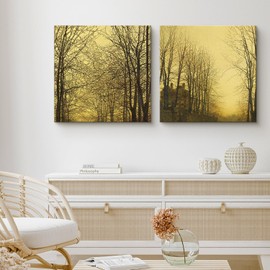 SIGNFORD Canvas Print Wall Art Golden Autumn Forest Warm Tones Trees Seasonal Landscape Wilderness Drawings Modern Art Chic Colorfulfor Living Room, Bedroom, Office - 16"x16" x 2