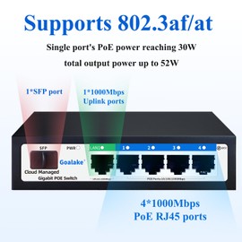 Goalake Poe Switch with 4 Ports, Ethernet Switch over Cloud, Poe+ Switch with 4 Ports with 52 W, 802.3af/at, Easy Smart Managed, Cloud Detection, VLAN, Cloud Restart, Cloud Ultra Remote 250 m