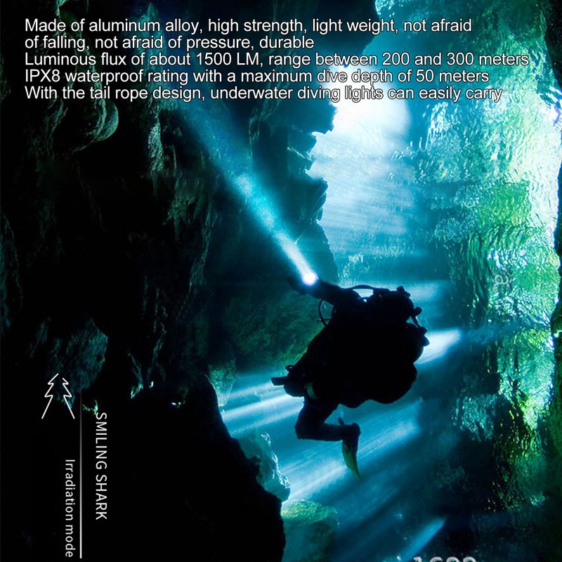Diving Flashlight Magnetic Switch Aluminum Alloy IPX8 Waterproof 1500LM Strong