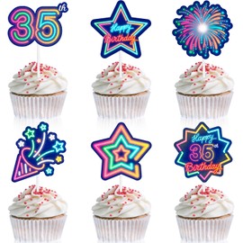 18pcs Glow 35th Cupcake Topper Set Neon Happy Birthday Colorful Glitter Star Black Light Decoration, Let's Go Crazy Glow Theme Party, Anniversary Party, Birthday Party, Birthday Gift for Men and Women