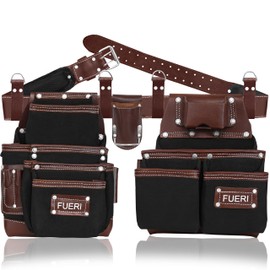 FUERI Tool Belt Men Heavy Duty Nylon Leather Tools Belts Carpenter Bags Electrician Pouches Organizer for Construction Framing (Black & Brown, 30 to 52 Inches Waist)