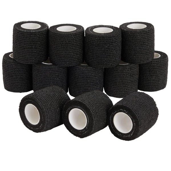 12-Rolls of Black Self Adhesive Bandage Wrap 2 Inch x 5 Yards, Breathable Cohesive Vet Tape for First Aid Kits, Swelling, Sports Injuries, Wrist, Ankle, Athletics