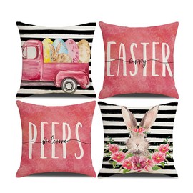 HINSINKIA Easter Pillow Covers Decor, 18 x 18 Bunny and Easter Eggs Decorative Pillow Case Cushion Cover for Home Decoration, 4 Pack