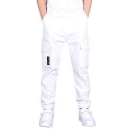 CAMLAKEE Boys Cargo Pants for Kids Stretch Elastic Waist School Youth Twill Joggers White 12-13 Years/Size 160