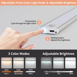 Under Cabinet Lights, 3 Color Temps Dimmable Motion Sensor Lights, Counter Lights, Wireless USB Rechargeable Cupboard Lights, Magnetic Wardrobe Lights for Closet, Hallway, Stair ﻿ (11.8 inch)