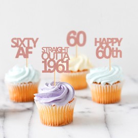 Keaziu Paquete de 48 adornos rectos de oro rosa Outta 1961 para cupcakes, 60 años de decoración de fiesta de cumpleaños