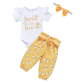 GRNSHTS Infant Baby Girl bumble bee clothes Letter Print Romper Honey Bees Pants Bowknot Headband Outfits Set（Yellow 2, 9-12 Months