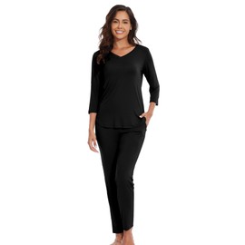 WiWi Viscose from Bamboo Soft Lounge Sets 3/4 Sleeve Pajamas for Women S-XXL, Black, Small