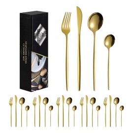 Orrailita Home Juego De Cubiertos De Acero Inoxidable 24 Piezas Utensilios Finos,acero Inoxidable 18/8,pulido Espejo, Para Lavavajillas.para Hogar,restaurantes,bodas O Fiestas ( Dorado, 6 Personas )