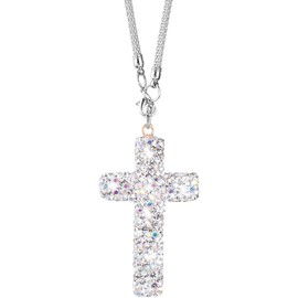 YALOJE Crystal Cross Car Rear View Mirror Charm, Bling Rhinestone Car Hanging Accessories, Automotive Interior Decoration Vehicle Rear View Mirror Pendant Ornament - Silver, 1pcs