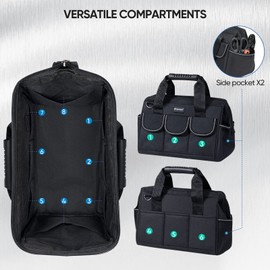 TICONN 12in Tool Bag with Waterproof Soft Bottom, Multi-Pockets Wide Mouth Tool Tote with Safety Reflective Straps, Adjustable Shoulder Strap