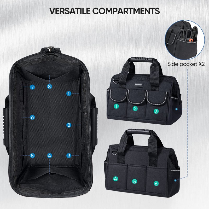 TICONN 12in Tool Bag with Waterproof Soft Bottom, Multi-Pockets Wide