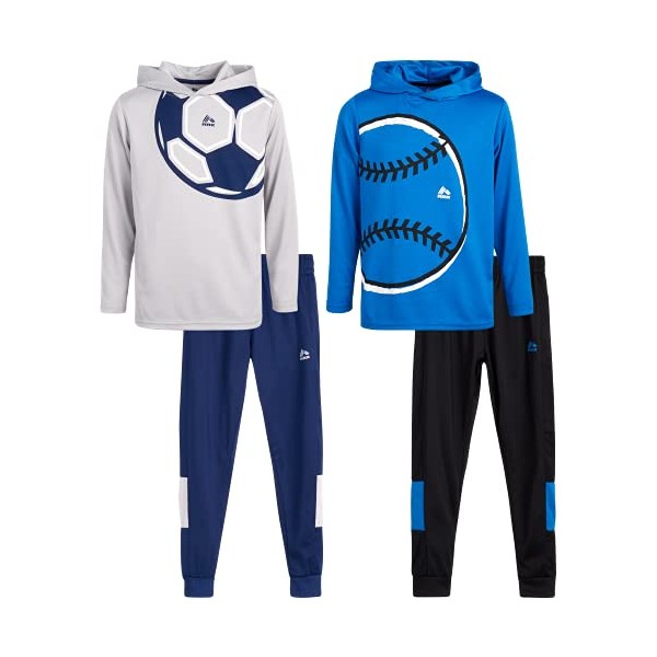 RBX Boys' Sweatsuit Set – 4 Piece Thermal Sports Hoodie and Tricot Jogger Pants (8-12), Size 12, Blue Baseball/Grey Soccer