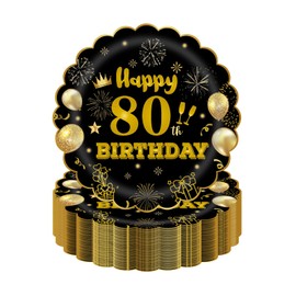 HFBOBP 50Pcs 80th Birthday Party Paper Plates,7inch Disposable Black and Gold Scalloped Dessert Tableware for Wedding Anniversary Reception Event Decorations