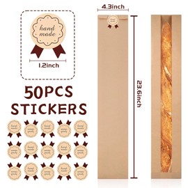 MXYEVL 50 Pack Baguette Bags for Homemade Bread with Stickers, Reusable Kraft Paper Bread Bags, Long Sourdough Paper Bread Bags with Clear Front Window