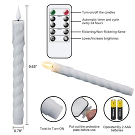 DRomance Flickering Flameless Taper Candles with Remote and Timer, 2 Pack Battery Operated LED Taper Candles 3D Wick Plastic Dripping Effect Dinner Wedding Holiday Decor(White, 0.78" D x 9.65" H)