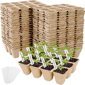 Jucoan Paquete de 40 bandejas para iniciar semillas, 480 celdas de germinación de semilleros, bandeja de germinación de plantas orgánicas biodegradables con 40 etiquetas para plantas para flores vegetales, hierbas, jardín interior y exterior