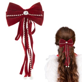 Bow Hair Clip, Large Red Bowknot Hairpin with Long Ribbon Velvet Hair Bow French Hair Barrettes Accessories Ponytail Holder for Women Girls Birthday Party Christmas Gifts Y9HDJLSJ