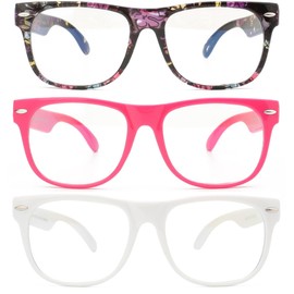 3 Pack Kids Clear Lens Glasses Flowers Black Baby Pink White