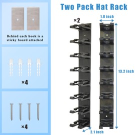 ACQTULOU Hat Organizer for Baseball Caps, 2 Pack Hat Rack for Wall with Strong Adhesive, Wall Mounted Hat holder Hold up to 16 Hats, Display and Storage Baseball Caps for Closet Door, Bedroom (Black)