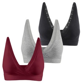 HIHOSSI Lace Cotton Bra with Straps – Comfortable Support for Maternity, Nursing, and Everyday Wear, Black+Grey+red/3 Pack, Large