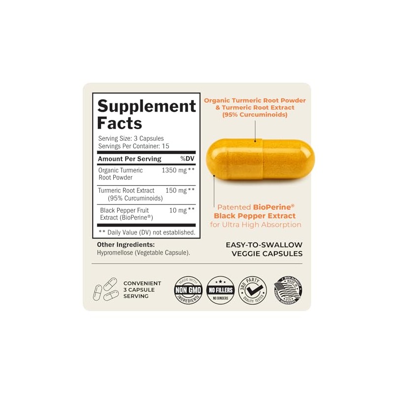 Curcumina de cúrcuma de 1500 mg con pimienta negra, 95%