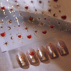 LIFOOST Red Love Heart Nail Stickers for Nail Art Self Adhesive Valentine's Day Nail Decals Star Moon Sun 5D Embossed Nail Design Golden Luxury Manicure Sliders Nail Art Supplies for Women