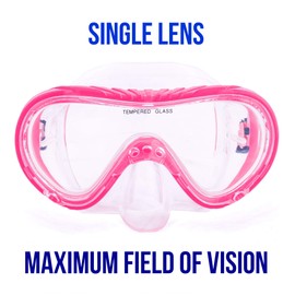 Junior Semi-Dry Diving & Snorkel Set - Child Safe Adjustable Swim Gear - Beach Days, Vacations, or Aquatic Adventures - PVC Skirting and Mouthpiece, Tempered Shatterproof Glass (Pink)