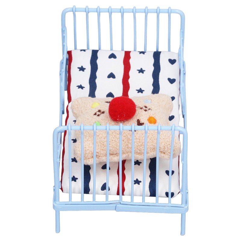 1:12 Miniature Bed Metal Structure Cute Pattern Sponge Cloth Mattress