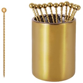 Lexenic 12Pack Metal Cocktail Picks + Holder Kit, Premium 304 Stainless Steel Cocktail Toothpicks,Reusable Skewers,Garnish Picks, Martini Picks for Olives Appetizers Fruit (12 Threads Golden)