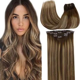 LaaVoo Clip in Hair Extensions Real Human Hair Brown Fading to Caramel Blonde 14 Inch Balayage Remy Human Hair Extensions Clip ins Thick Double Weft 70g/5pcs
