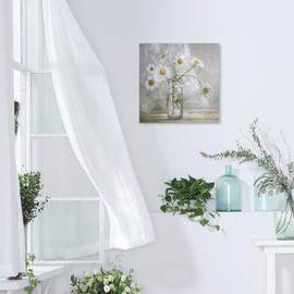 White Daisy Flower Bathroom Decor Wall Art Farmhouse Kitchen Paintings for Wall Decorations Countryside Vintage Framed Canvas Artwork Printing Ready to Hang for Living Room Bedroom 13.4"x13.4"