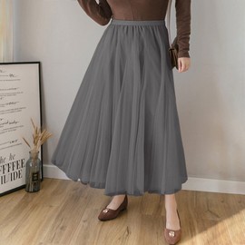 Tulle Skirts for Women, Elastic High Waist A Line Basic Long Tutu Layered Mesh Maxi Swing Skirt, Light Grey, X-Small