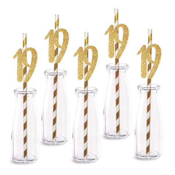 19th Birthday Paper Straw Decor, 24-Pack Real Gold Glitter Cut-Out Numbers Happy 19 Years Party Decorative Straws